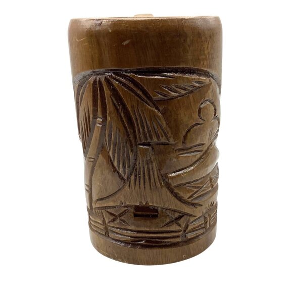 Vtg PHILIPPINE ISLAND Carved Wood Mug Tiki Bar Luau Theme Island Scene 6" - Picture 2 of 7
